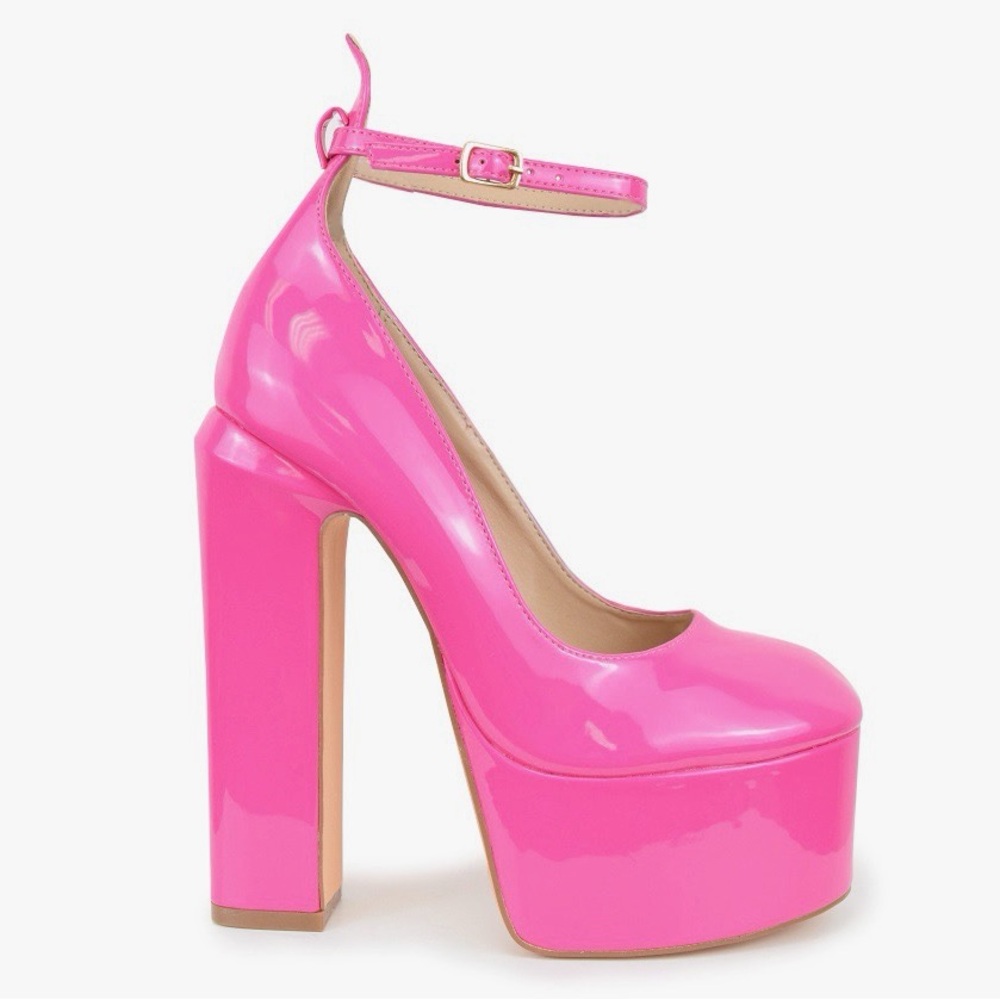 Women’s Pink Patent Platform Ankle-Strap Pumps